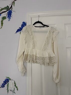 Free People Cream Lace Peplum Blouse